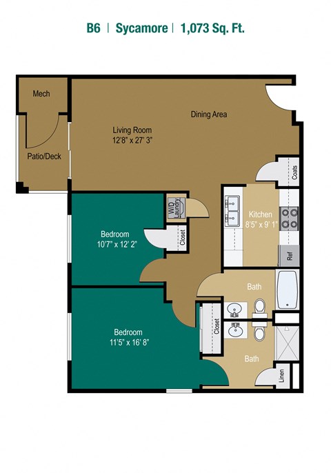Floor plan for 2 beds, 2 baths, 1007 sqft
